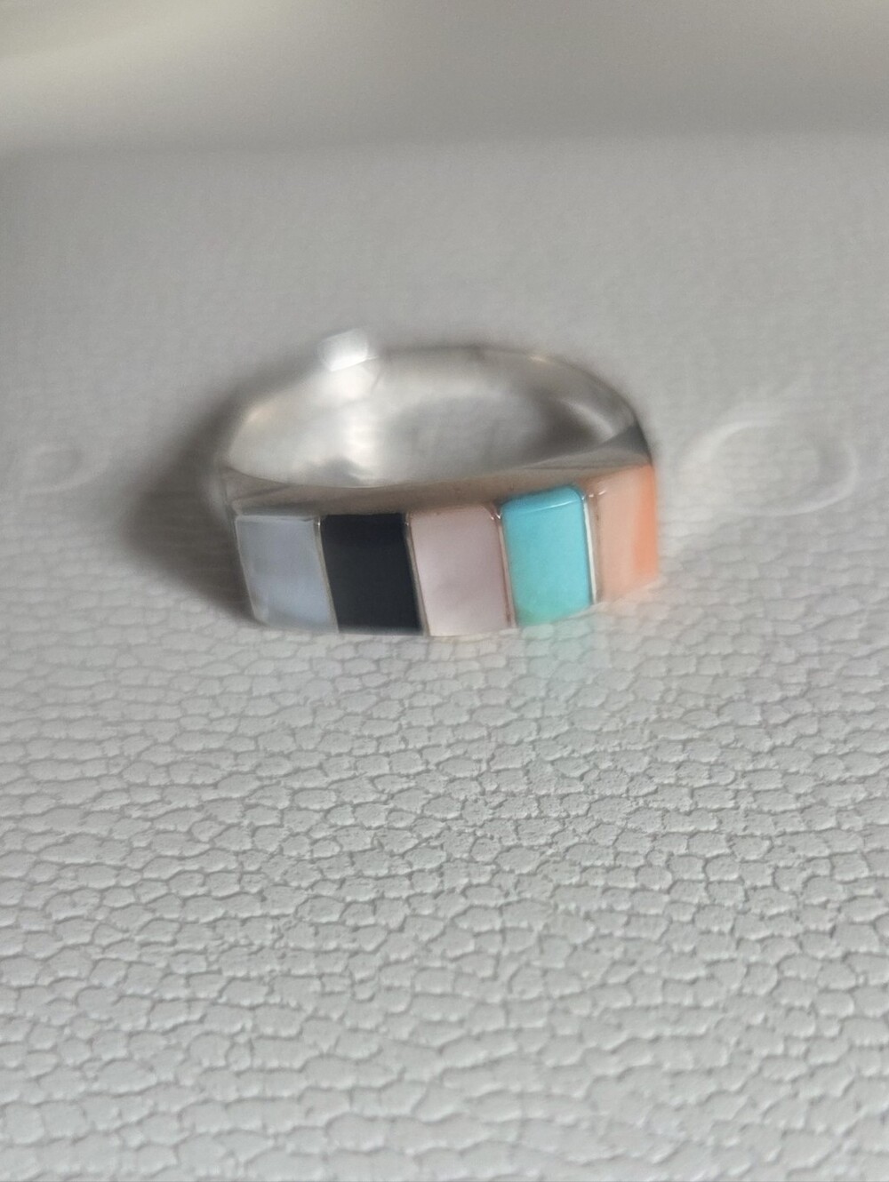 Multi-Color Inlay Sterling Silver Ring - Turquoise, Coral, Black, White